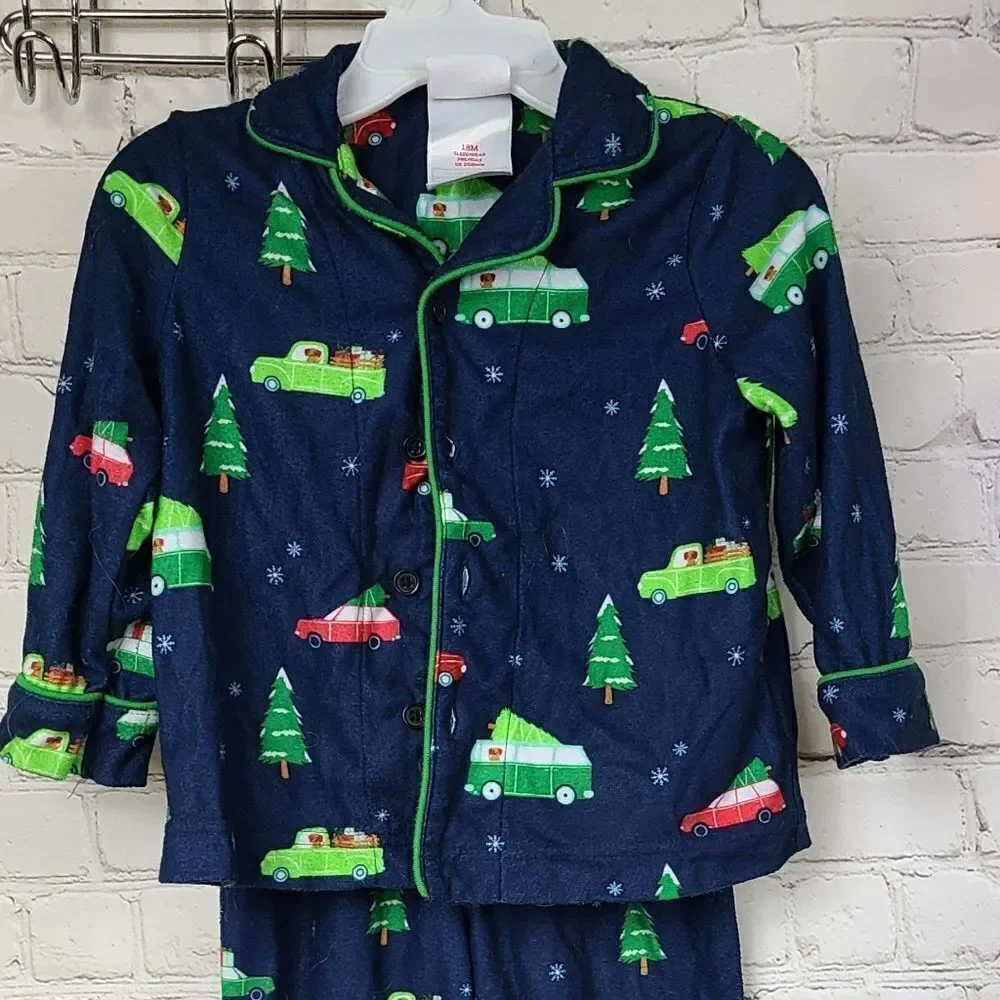 Christmas Navy Blue Car/Trucks Flannel Pajamas Baby 18M Matching PJs Sleep Set